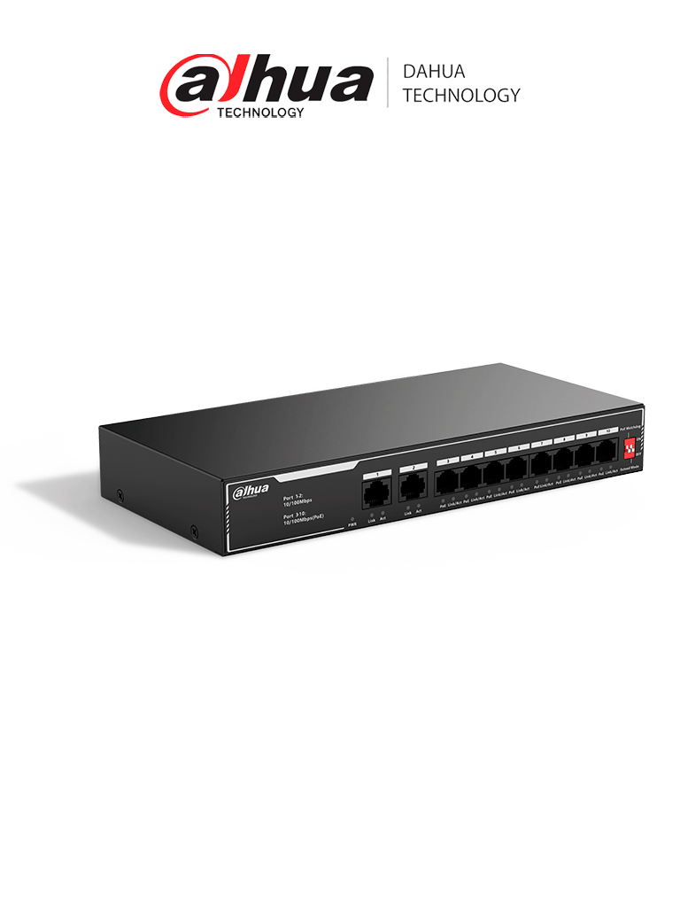 [DH-SF1010LP] DAHUA SF1010LP - Switch PoE de 10 Puertos Fast Ethernet/ 8 Puertos PoE 10/100 / 65 Watts Totales / 2 Puertos Uplink RJ-45/ PoE watchdog/ Hasta  250 metros/ Switching 12 Gbps/ Protección Contra Descargas