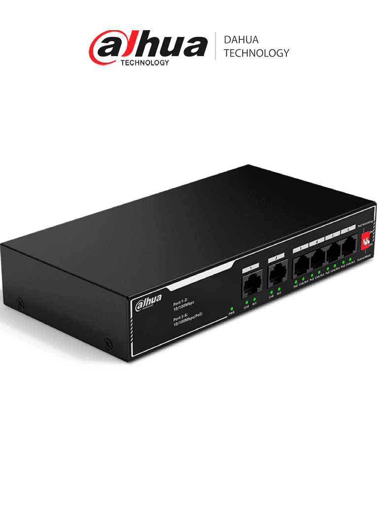 [DH-SF1006LP] DAHUA  DH-SF1006LP - Switch PoE de 6 Puertos Fast Ethernet/ 4 Puertos PoE 10/100/ 36 Watts Totales/ 2 Puertos Uplink RJ45 10/100/ PoE Watchdog/ Soporta hasta 250mts sobre UTP CAT 6/ Protección Contra Descargas/