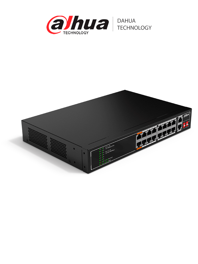 [DH-SF1018LP] DAHUA SF1018LP - Switch PoE de 18 Puertos/ 135 Watts Totales/ 16 Puertos PoE 10/100/ 2 Puertos Uplink 10/100/1000/ Switching 7.2 Gbps/ Compatible con Standares:IEEE802.3af; IEEE802.3at; Hi-PoE/ PoE Hasta 250 Metros/