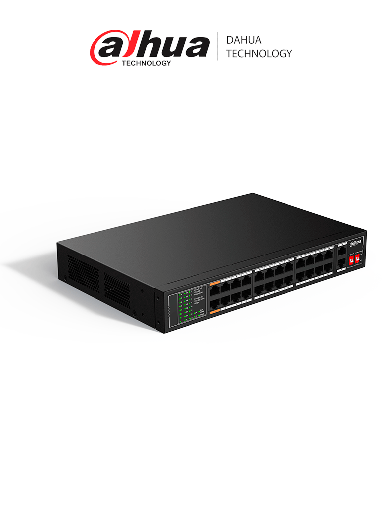 [DH-SF1026LP] DAHUA DH-SF1026LP - Switch PoE Fast Ethernet de 26 Puertos/ Hasta 190 Watts Totales/ 24 Puertos PoE 10/100/ 2 Puertos Uplink 10/100/1000/ Switching 8.8 Gbps/ Standares: IEEE802.3af; IEEE802.3at; Hi-PoE/ PoE Hasta 250 Metros/