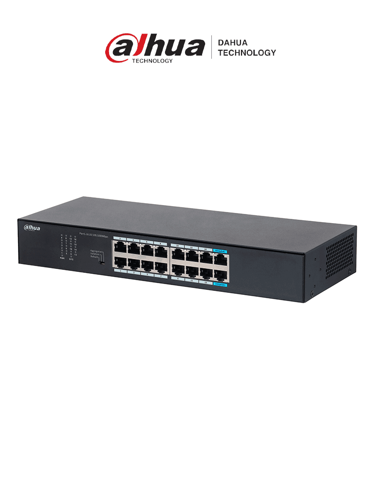[DH-S3016-16GT] DAHUA DH-S3016-16GT- Switch Gigabit de 16 Puertos No Administrable de capa 2, con velocidad 10/100/1000 Mbps, capacidad de conmutación de 32G, tasa de reenvío de 23.8 Mbps y protección contra descargas.