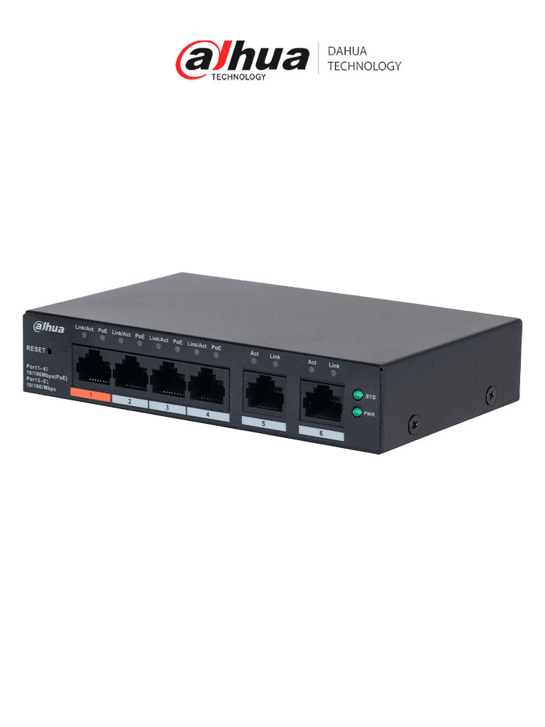 [DH-CS4006-4ET2ET-60] DAHUA DH-CS4006-4ET2ET-60 - Switch PoE de 6 Puertos Administrable con 4 PoE (10/100 Mbps) y 2 uplink (10/100 Mbps). Total de 65 W PoE, administración en la nube con DoLynk Care, carcasa metálica robusta, ideal para redes IP.