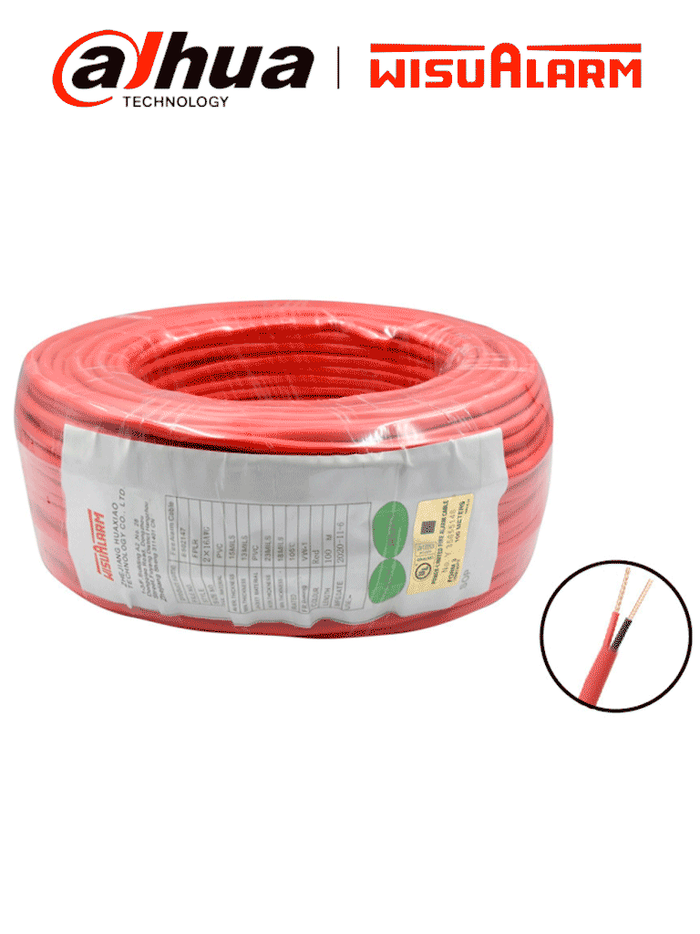 [2X18AWG-U] DAHUA WISUALARM 2X18AWG-U- Bobina de 305 metros de cable sin blindaje para alarma de Incendio, Listado por UL, Revestimiento de PVC UL105 °C de alta resistencia al fuego, Fabricado con aislamiento de cloruro de polivinilo UL105 °C altamente ignífugo