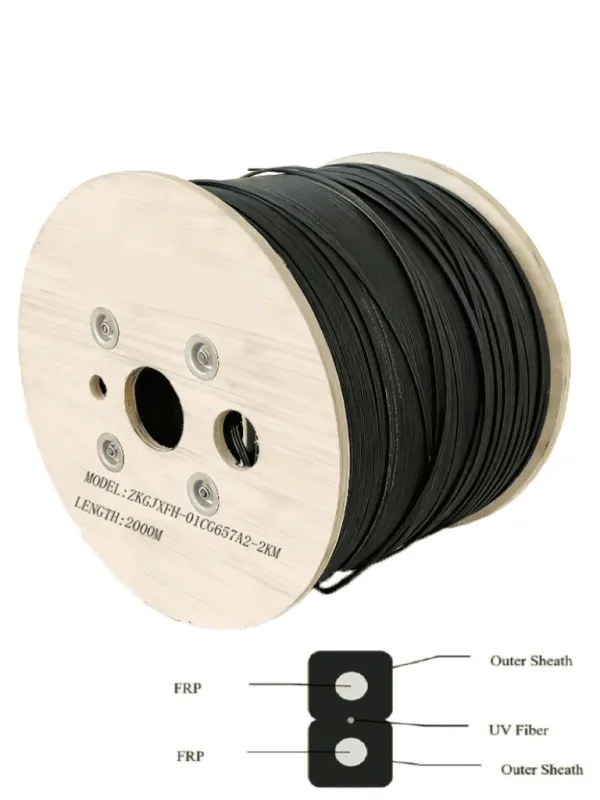 [ZKGJXFH-01CG657A2-2KM] TCE - Fibra Optica Drop G.657A2 Monomodo 1 hilo, LSZH negro, interior/exterior, Kevlar/FRP, ideal CCTV y Redes, Carrete de 2 km