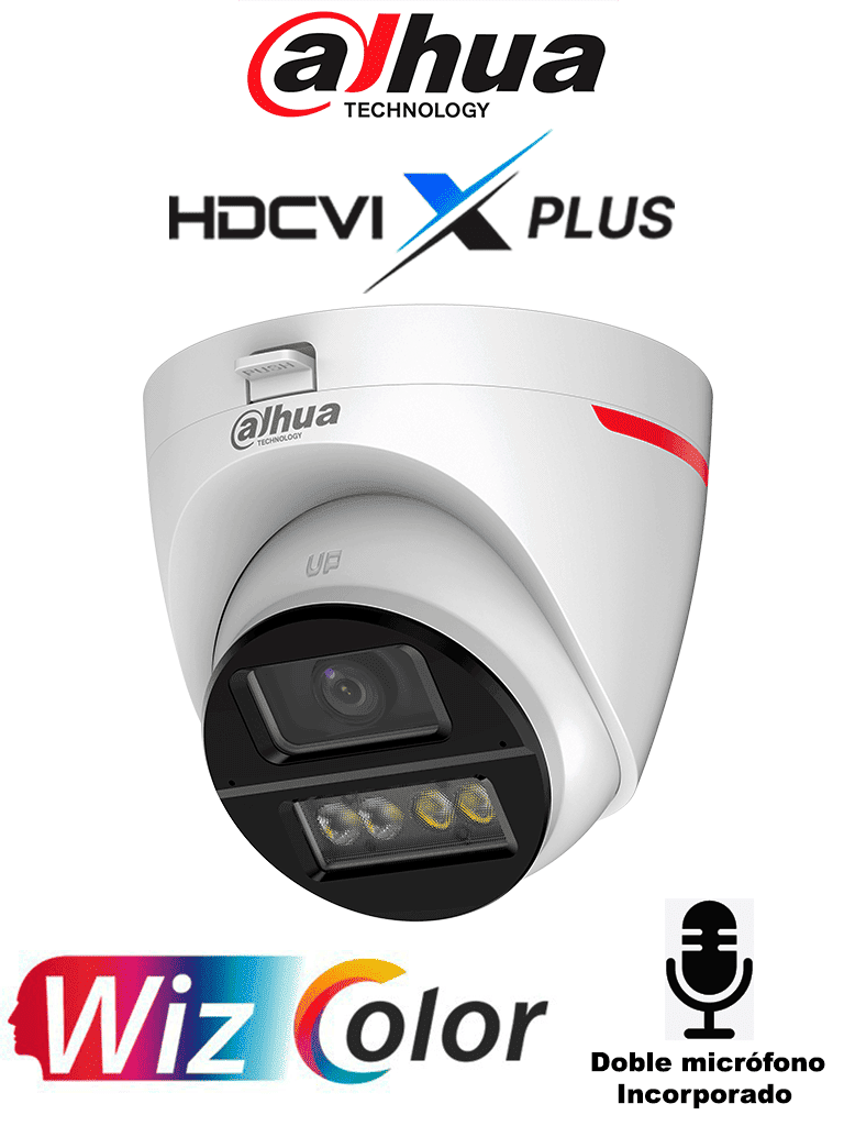 DAHUA DH-HAC-HDW1249XN-A-PRO -Cámara Domo HDCVI 2MP WizColor/ HDCVI X PLUS/Video 24 Horas a Color/ Lente 2.8mm / Corrección de Distorsión de Imagen IA/ Iluminador Inteligente 50m /Doble Mic Incorp/Campo de Visión de Hasta 101°
