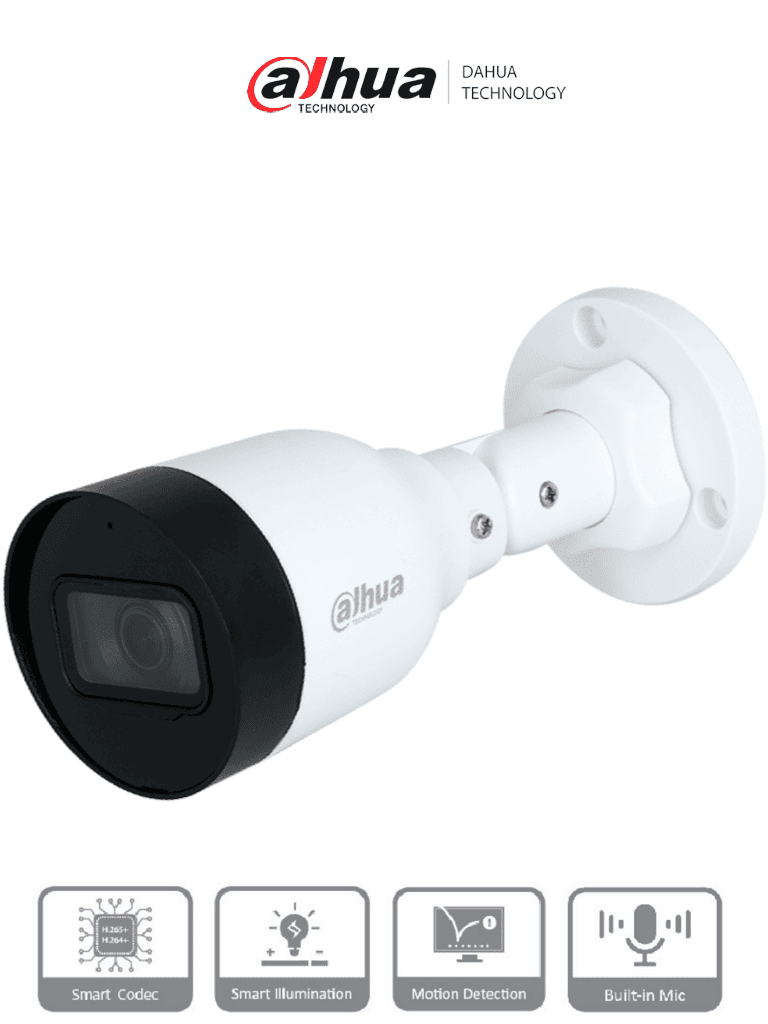 [DH-IPC-HFW1230S1-A-S5] Dahua IPC-HFW1230S1-A - Cámara IP Bullet de 2MP, lente de 2.8mm, ángulo de visión de 102 grados, micrófono integrado, compresión H.265+, IR de 30m, protección IP67, PoE, DWDR