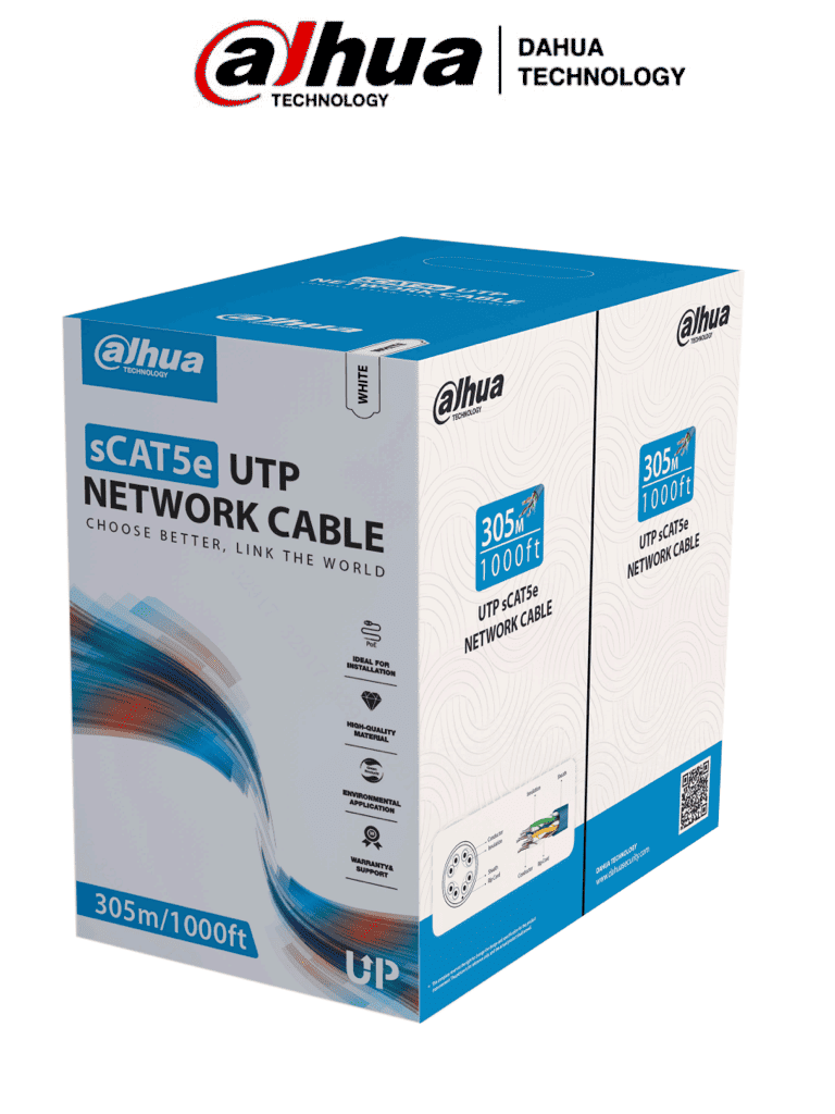 [DH-PFM920I-5EUN] DAHUA DH-PFM920I-5EUN - Bobina de cable UTP blanco, 100% cobre, categoría 5e, 305 metros. Ideal para video y redes, cumple con CPR Eca y es compatible con alimentación PoE para un rendimiento óptimo.