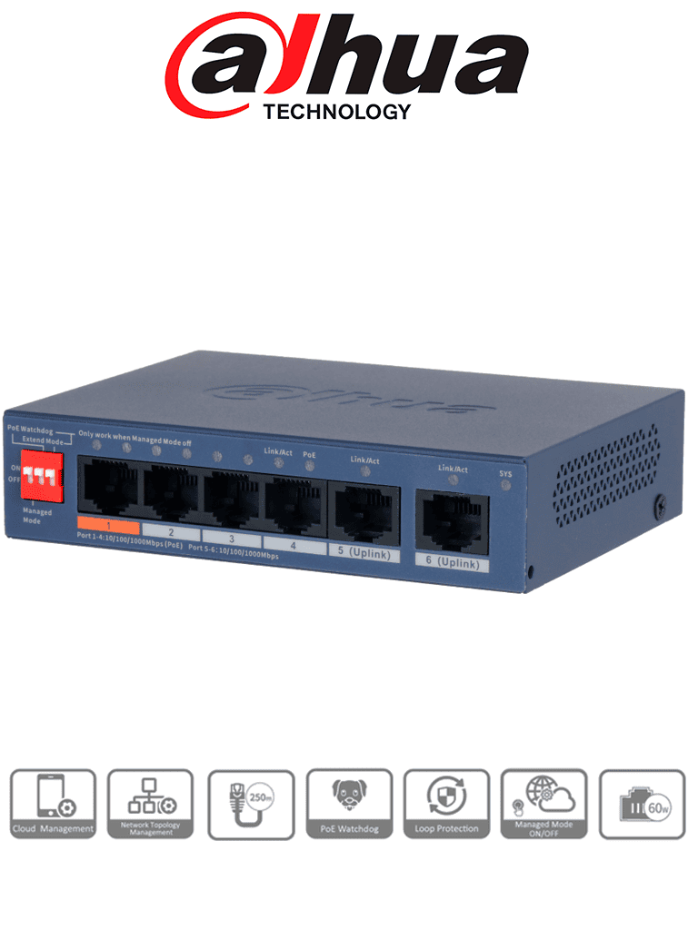 [DH-CS4006-4GT-60] DAHUA DH-CS4006-4GT-60-V2- Switch PoE de 6 Puertos Gigabit/ 4 Puertos PoE 10/100/1000/ 2 Puertos Uplink 10/100/1000/ 60 Watts Totales/ Administrable en la Nube por DoLynk Care/ PoE Hasta 250 Metros/ Carcasa Metalica/ Switching 12 Gbps