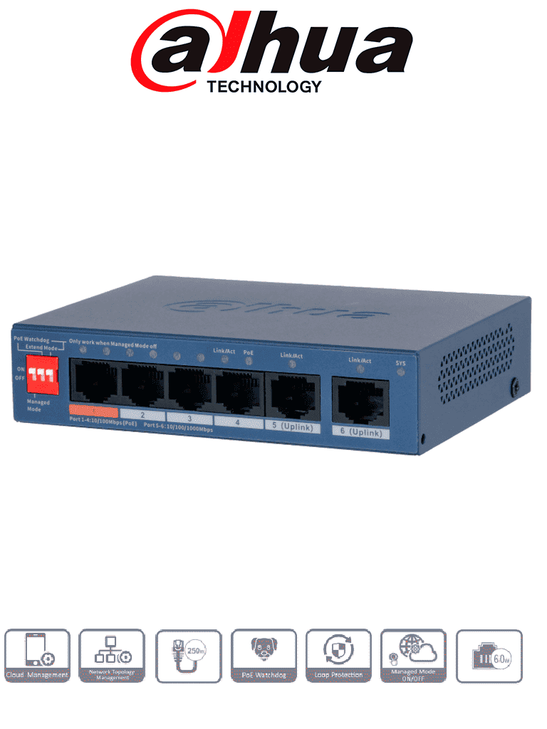 [DH-CS4006-4ET2GT-60] DAHUA DH-CS4006-4ET2GT-60 - Switch PoE de 6 Puertos Administrable/ 4 Puertos PoE Downlink 10 & 100/ 2 Puertos Uplink GE/ 60 Watts Totales/ Administrable en la Nube Dolink Care / PoE Hasta 250 Metros/ Carcasa Metalica/ Switching 4.8 Gbps/