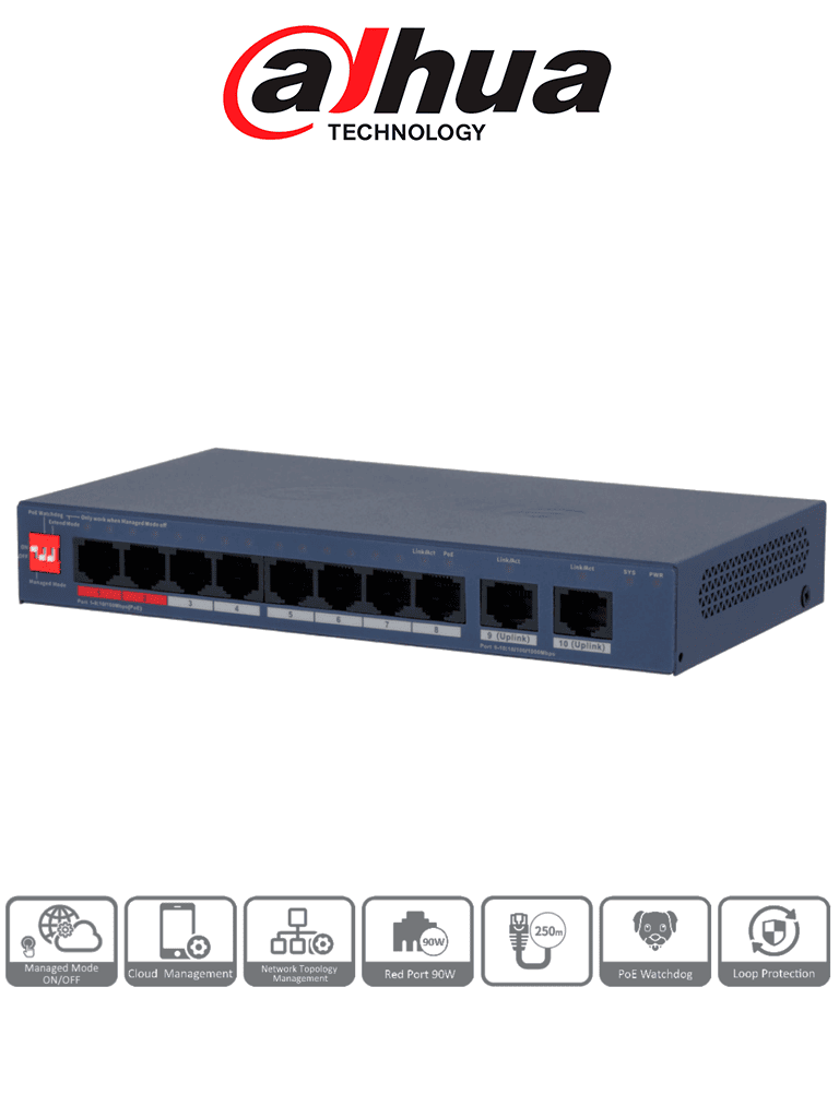 [DH-CS4010-8ET2GT-110] DAHUA DH-CS4010-8ET2GT-110 - Switch PoE de 10 Puertos/ 8 Puertos PoE 10 & 100/ 2 Puertos Uplink GE/ 2 Puertos PoE con Suministro de Hasta 90W/ 110 Watts Totales/ Administrable en la Nube por DoLynk Care/ PoE 250 Metros/ Metal/ Switching 5.6 Gbps/