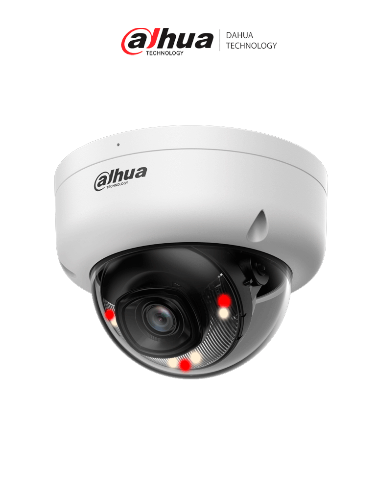 DAHUA DH-IPC-HDBW1439E1-A-IL - Cámara IP Domo de 4 Megapixeles/ Iluminador Dual/ Lente de 2.8mm/ IR de 30 Mts/ Detección humana/ IR + luz cálida 30 m/ H.265/ WDR Real/PoE/ 3D DNR/ HLC/  IP67/ IK08