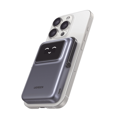 [45327] Power Bank Serie UNO Inalambrico | 10000mAh | 7.5W/20W | Con Emojis de Estado | Carga Rápida USB-C Bidireccional | Pantalla TFT Inteligente | Con Holder | Color Grey.
