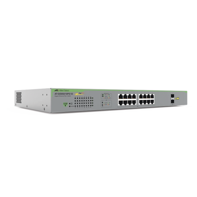 [AT-GS950/18PS-V2-10] Switch PoE+ Gigabit WebSmart de 16 puertos 10/100/1000 Mbps (2 x Combo) + 2 puertos gigabit SFP (Combo), 185 W