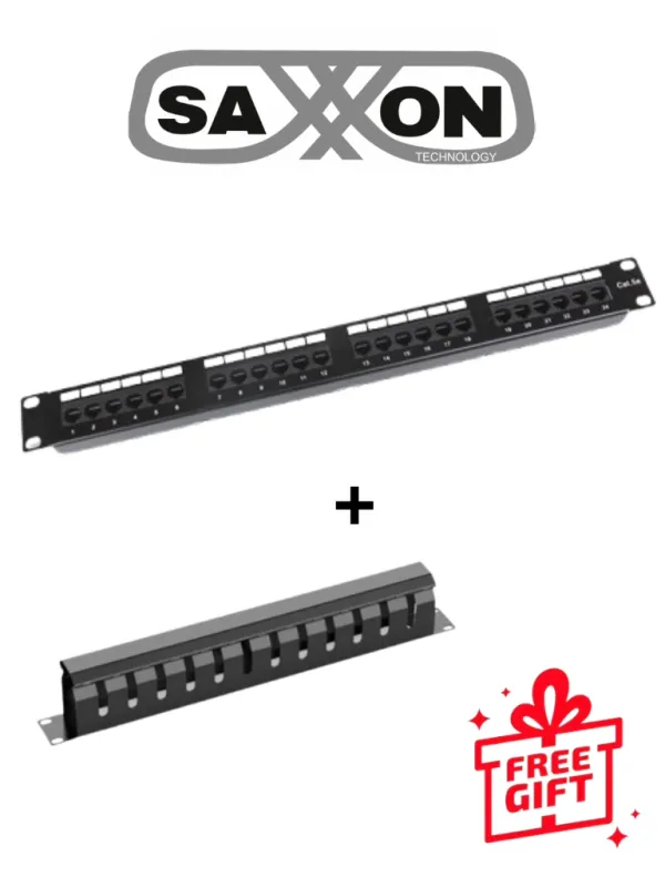 SAXXON KIT - Patch Panel 24 puertos / CAT 5E / 19 Pulgadas + GRATIS Organizador de cables horizontal con tapa para rack de19" / 1UR