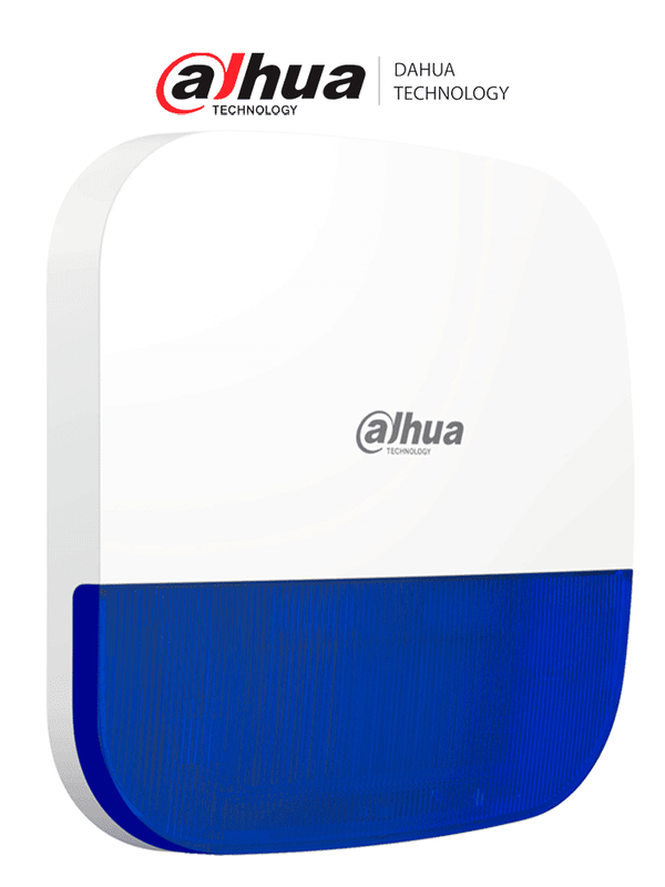 [DHI-ARA13-W2] DAHUA DHI-ARA13-W2 - Sirena con estrobo inalámbrica para exterior, Azul, Potencia: 110dB, Múltiples sonidos de alarma, Protección: IP65, Alarma de batería baja, App DMSS, Frecuencia 433 MHz, Tecnología: AirShield, Compatible con HUB 1.0 y HUB 2.0