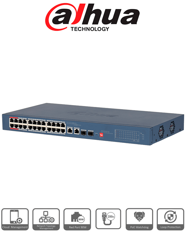 [DH-CS4226-24ET-240] DAHUA DH-CS4226-24ET-240-V2 - Switch PoE de 26 Puertos/ 24 Puertos PoE 10 & 100/ 2Ptos Uplink GE + 2 Puertos SFP/ 2 Ptos PoE de Hasta 90W/ 240 Watts Totales/  Administrable en la Nube por DoLynk Care/ PoE Hasta 250 Metros/ Metal/ Switching 8.8 Gbps