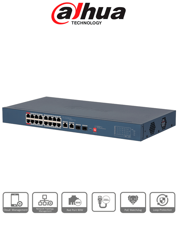 [DH-CS4218-16ET-135] DAHUA DH-CS4218-16ET-135-V2 - Switch PoE de 18 Puertos/ 16 Puertos Poe 10 & 100/ 2 Puertos Uplink G# + 2 Puertos SFP/ 135 Watts Totales/ Administrable en la Nube por DoLynk Care/ PoE Hasta 250 Metros/ Metal/ Switching 7.2 Gbps