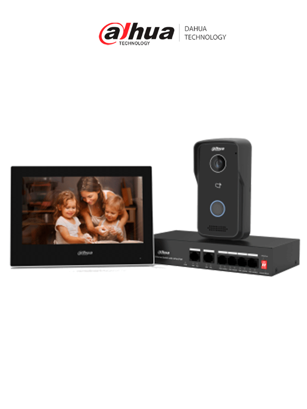 [DHI-KTP03] DAHUA KTP03-V2 - Kit de Videportero IP/ Monitor de 7 Pulgadas. Frente de Calle y Switch PoE/ 6&1 E&S de Alarma/ Frente de Calle IP65/ IR/ Apertura Remota / Switch de 4 Puertos PoE 10/100/ 2 Puertos Uplink/ Controla 1 Puerta/