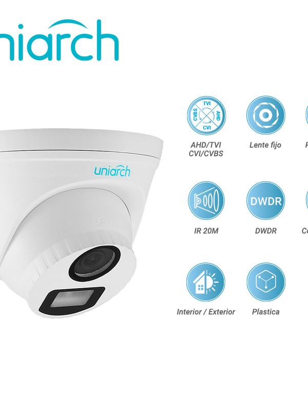 [UAC-T115-F28-W] Camara Analoga Turret Colorhunter Uniarch Uac-t115-f28-w / 5mp / Tvi: 5mp@20fps / Lente-2.8mm / Dwdr / Ir20m / Admite-giro180grados(horizontal+vertical) / Plastica / Ip67 / 3-axis / 12 Vcd