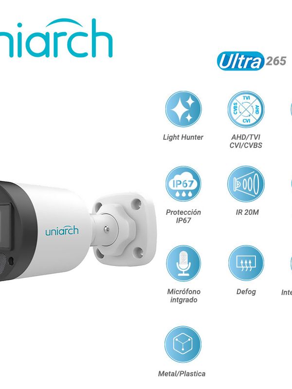 [CA111UNI00] CAMARA ANALOGICA LIGHTHUNTER BULLET UNIARCH UAC-B122-AF28LM / UAC-B122-AF28LM-H / 2MP / AHD/TVI/CVI/CVBS / LENTE FIJO 2.8MM / 12VCD / IP67 / IR 20M / DWDR / MENU OSD / MICROFONO INTEGRADO / DEFOG / INTERIOR / EXTERIOR / METAL PLASTICA