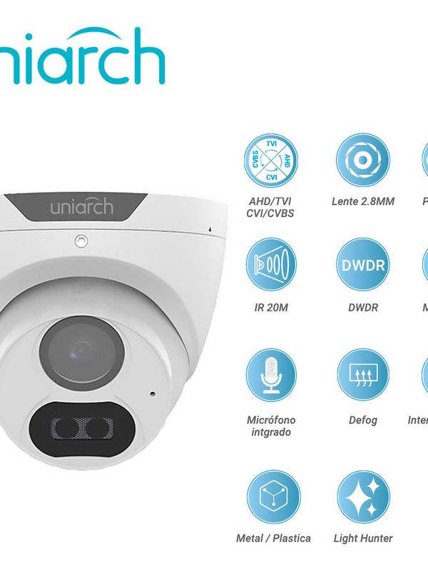 Camara Analogica Lighthunter Turret Uniarch Uac-t122-af28lm / Uac-t122-af28lm-h / 2mp / Ahd/tvi/cvi/cvbs / Lente Fijo 2.8 Mm / 12 Vcd / Ip67 / Ir 20m / Dwdr / Menu Osd / Microfono Integrado / Defog / 3 Axis / Interior / Exterior / Metal Plastica