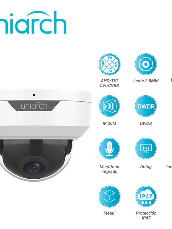 [CA111UNI02] CAMARA ANALOGICA LIGHTHUNTER DOMO  UNIARCH UAC-D122-AF28M / UAC-D122-AF28M-H  / 2MP / AHD/TVI/CVI/CVBS / LENTE FIJO 2.8 MM / 12 VCD / IP67 / IR 20M / DWDR  / MENU OSD / MIC INCLUIDO / DEFOG / 3 AXIS / INTERIOR / EXTERIOR / METALICA