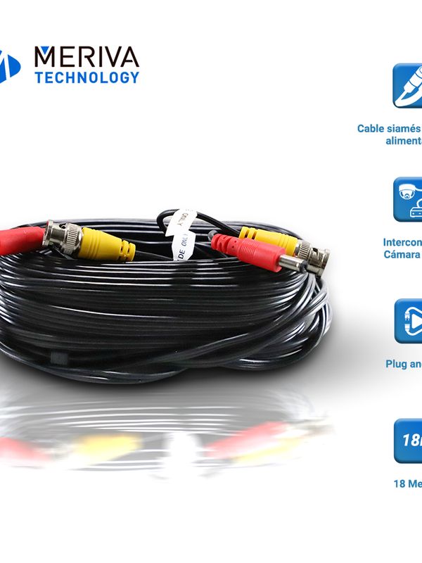 Cable De Video Hd Armado Meriva Mva-hdcb18 18mts Negro Con Conectores De Video Bnc Y Corriente Optimizado Para Ahd/hdtvi/hdcvi