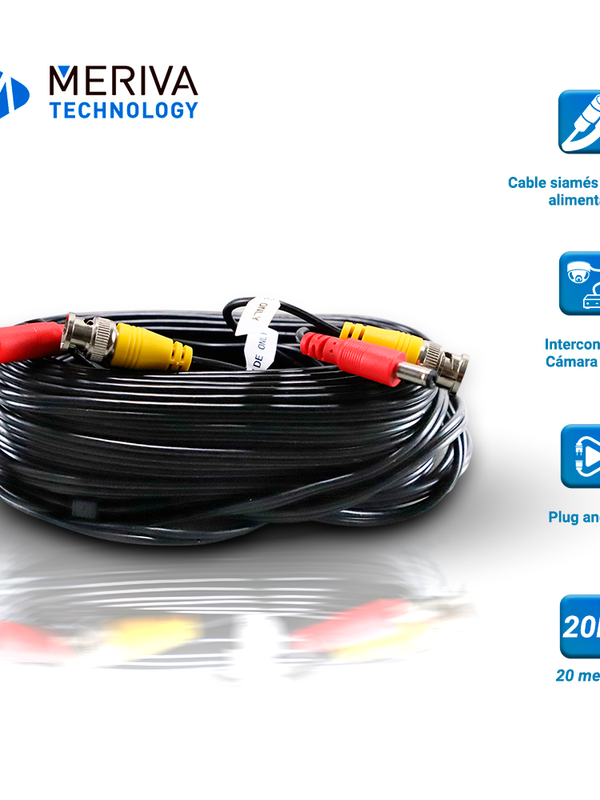 [CB01AMER16] CABLE DE VIDEO HD ARMADO MERIVA MVA-HDCB20 20MTS NEGRO CON CONECTORES DE VIDEO BNC Y CORRIENTE OPTIMIZADO PARA AHD/HDTVI/HDCVI Y AUDIO POR COAXIAL