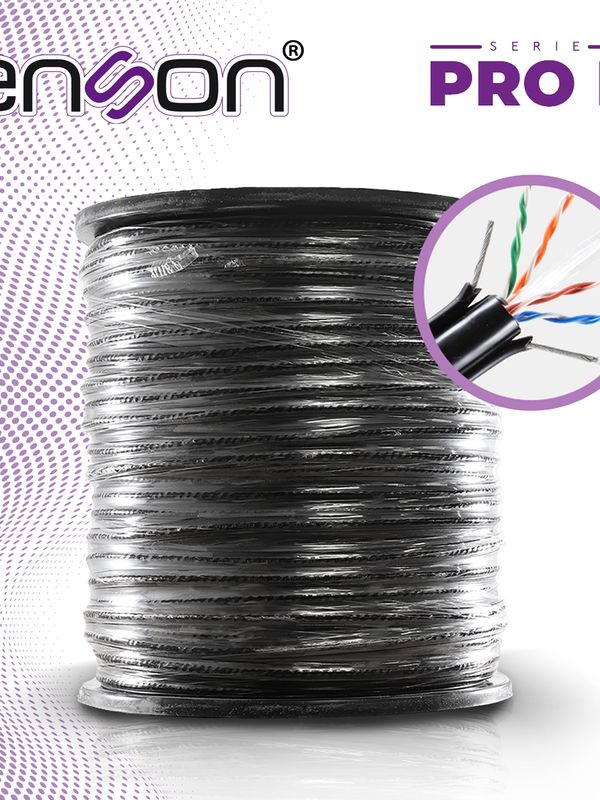 Cable Utp Para Elevador Cat6 Enson 43352b3055 Serie Pro-ii Calibe 23 Awg 100% Cobre De Alto Rendimiento Bobina De 305 Metros Forro Pvc Color Negro Con 2 Cableas De Acero Como Armadura Para Su Uso En Elevadores O Cable Aereo En Interiores Recomendado Para Cctv, Video Ip Y Redes Base 10,100,1000