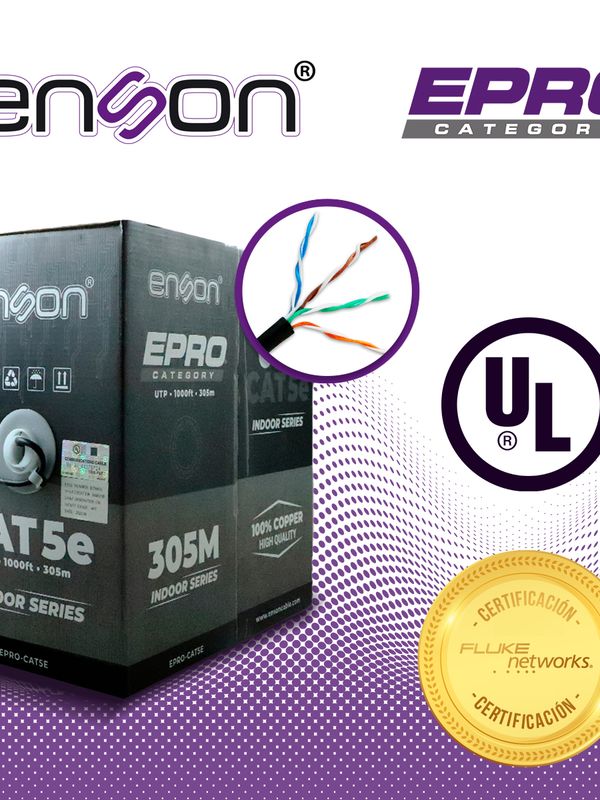 Cable Utp Cat5e Enson Epro-cat5e Forro Color Negro Pvc Cm 4 Pares Calibre 24 Awg 100 Ciento Cobre Uso Interior Bobina 1000 Pies 305 Metros (certificacion Ul)