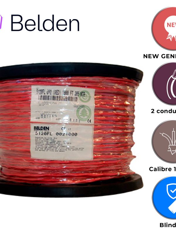 [CB04BBEL13] CABLE DE ALARMA CONTRA INCENDIOS BELDEN 5120FL 0021000 / INTERIOR / ROJO / 2 CONDUCTORES / 14 AWG / SOLIDO / FORRO PVC / CMR - FPLR / BLINDADO / BOBINA / 1,000 PIES 305 METROS