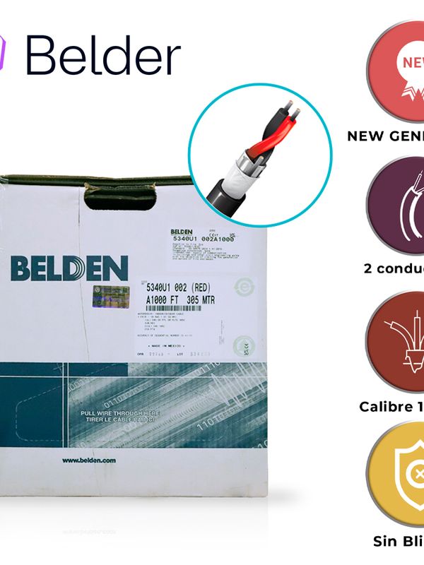 Cable De Seguridad Y Sonido Belden 5340u1 002a1000 / Interior/exterior / Rojo / 2 Conductores / 18 Awg / Multifilar / Forro Pvc / Cmr - Cmg - Fpl - Pltc / Bloqueo De Agua / Bobina En Caja / 1,000 Pies 305 Metros
