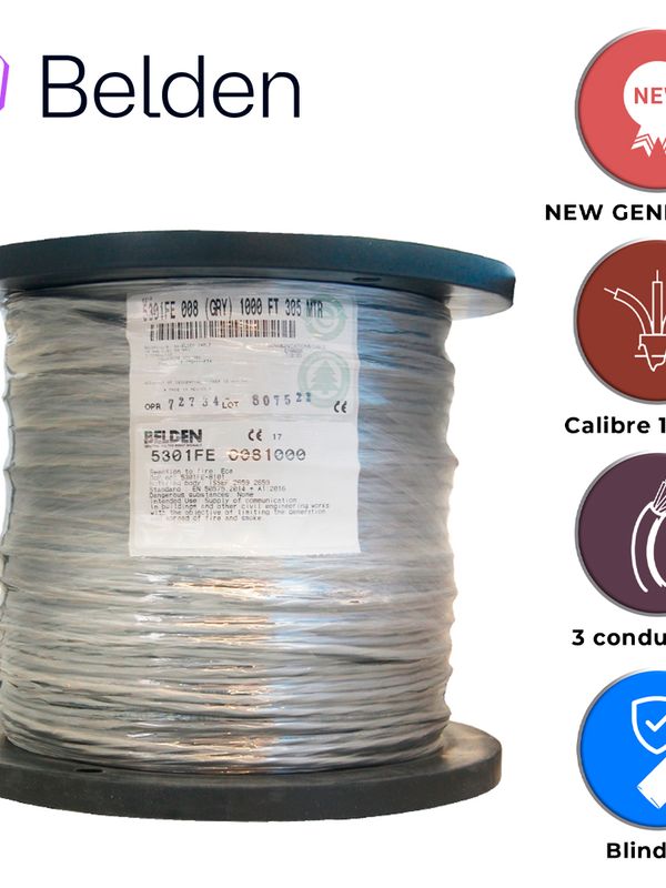 Cable De Seguridad Y Sonido Belden 5301fe 0081000 / Interior / Gris / 3 Conductores / 18 Awg / Multifilar / Forro Pvc / Cmr / Blindado / Bobina / 1,000 Pies 305 Metros