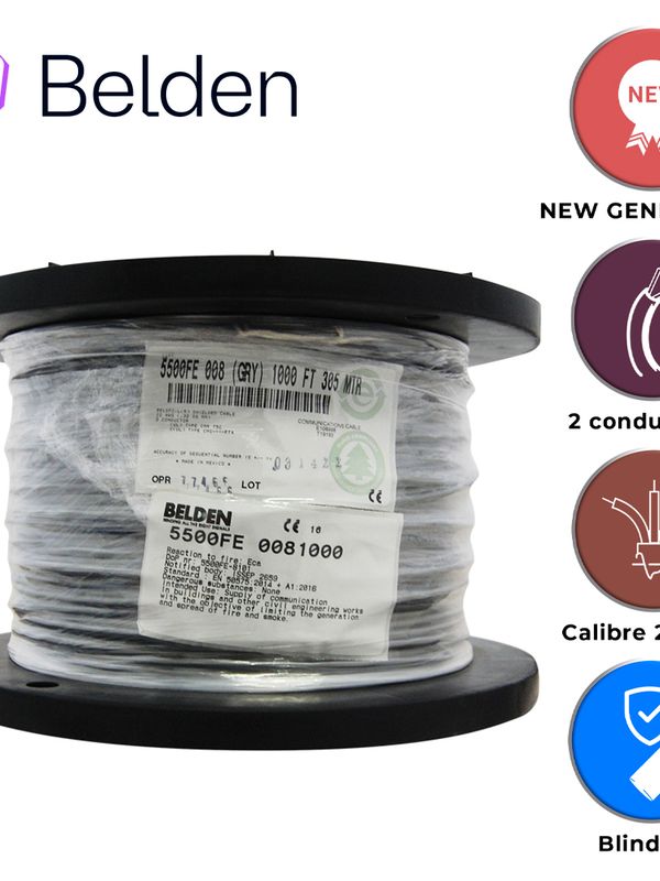 Cable De Seguridad Y Sonido Belden 5500fe 0081000 / Interior / Gris / 2 Conductores / 22 Awg / Multifilar / Forro Pvc / Cmr / Blindado / Bobina / 1,000 Pies 305 Metros