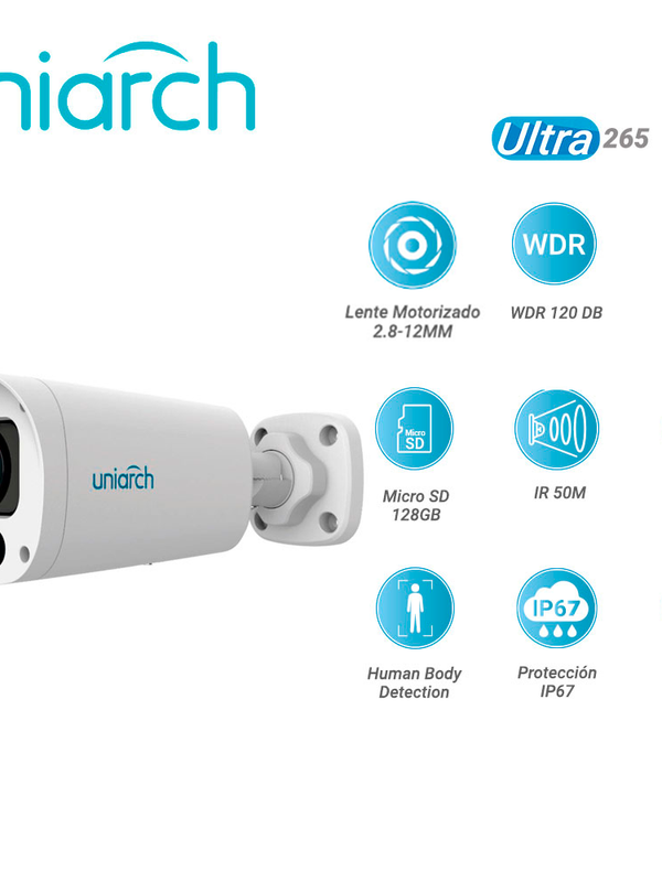 [CI111UNI07] CAMARA IP BULLET UNIARCH IPC-B312-APKZ / 2MP / ULTRA265/ LENTE MOTORIZADO 2.8 MM-12 MM  / WDR 120DB / MICROFONO EMBEBIDO / RANURA PARA MICRO SD 128 GB /  IR 50M / POE AT Y 12VCD / ANALITICAS HUMAN BODY DETECTION / IP67 / BOTON DE RESET