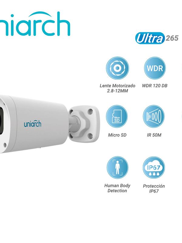 Camara Ip Bullet Uniarch Ipc-b315-apkz / 5 Mp/ Ultra265 / Lente Motorizado 2.8-12 Mm / Wdr 120 Db / Microfono Embebido / Ranura Para Micro Sd Hasta 256 Gb / Ir 50m / Poe Af / 12 Vcd / Analitica Human Body Detection / Ip67