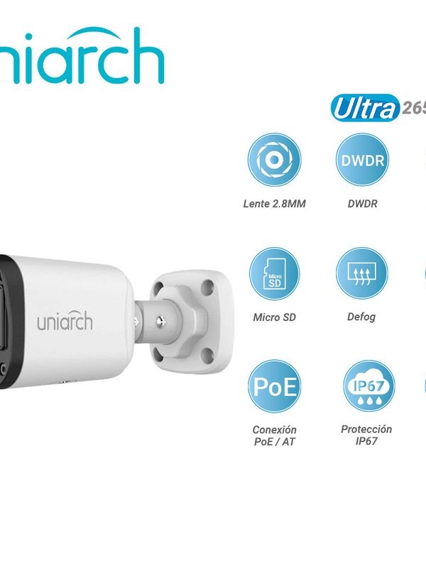 [CI111UNI11] CAMARA IP BULLET IPC-B124-APF28K UNIARCH / 4MP / ULTRA 265 / LENTE 2.8 MM / DWDR / MICROFONO INTEGRADO / RANURA PARA MICROSD HASTA 128GB / DIGITAL DEFOG / IR 30M / POE AF / 12VCD / ROI / 3 AXIS / IP67