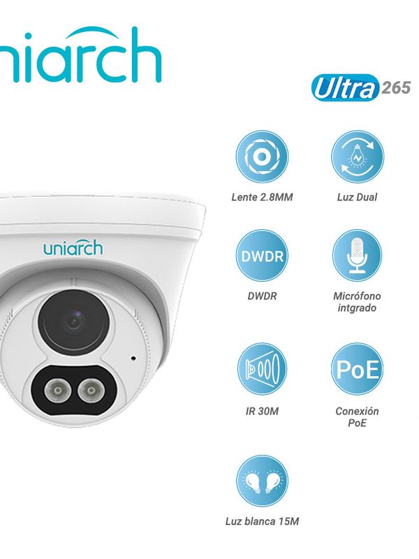 [CI121UNI10] CAMARA IP TURRET UNIARCH IPC-T213-APF28W / 3MP / ULTRA 265 / LENTE 2.8 MM / LUZ DUAL / IP67 / DWDR / MICROFONO INTEGRADO / DIGITAL DEFOG / IR 30M / POE / 12VCD / 3 AXIS / COLORHUNTER / LUZ BLANCA 15 MTS