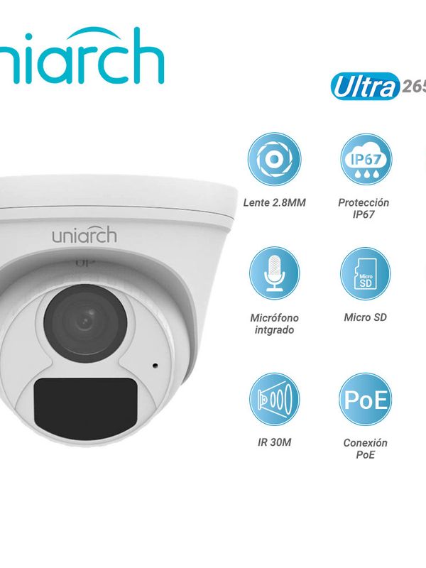 [IPC-T124-APF28K] Camara Ip Turret Uniarch Ipc-t124-apf28k / 4mp / Ultra265 / Lente 2.8 Mm / Ip67 / Dwdr / Microfono Integrado / Ranura Para Micro Sd / Digital Defog / Ir 30m / Poe / 12 Vcd / 3 Axis