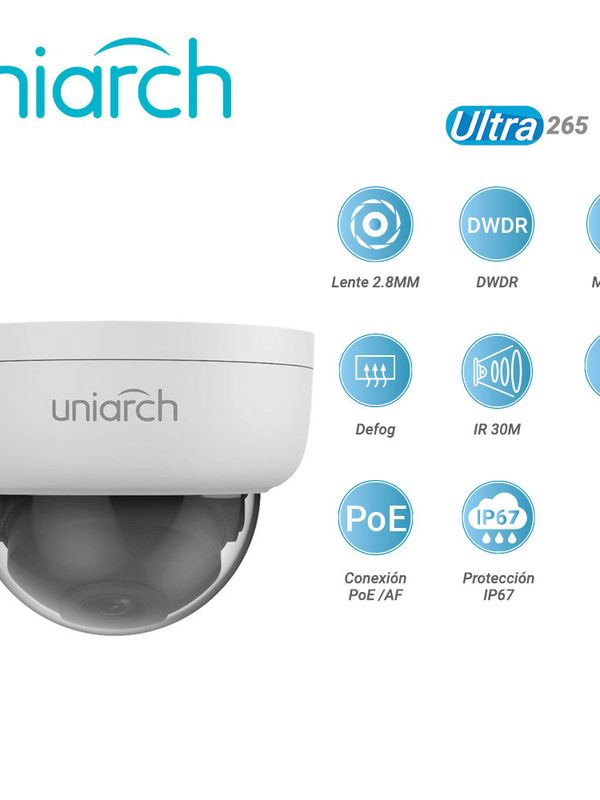 Camara Ip Domo Uniarch Ipc-d124-pf28k / 4mp / Ultra265 / Lente 2.8 Mm /  Dwdr / Ranura Para Memoria Sd Hasta 128 Gb  / Digital Defog /  Ir 30m / Ik10 / Poe Af / 12 Vcd /  Ip67