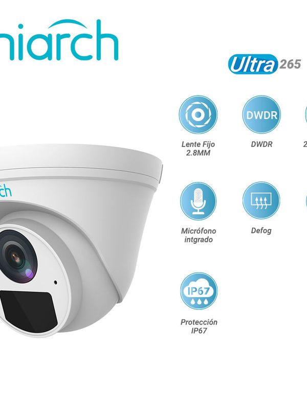 [IPC-T122-APF28-E] Camara Ip Turret Uniarch Ipc-t122-apf28-e / 2mp / Lente-fijo-2.8mm / Dwdr / Ir30m / Microfono-integrado / Digital Defog / Onvif / 3-axis / Ip67 / Ultra265 / Poe-af / 12 Vcd