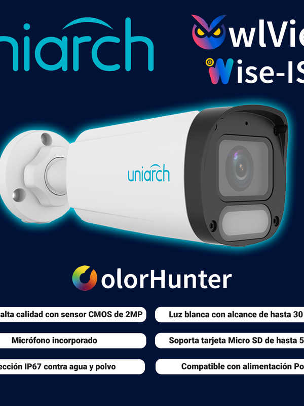 Camara Ip Bullet Owlview Uniarch Ipc-b242-adf28k-wp / 2mp / Lente 2.8mm / True-wdr120db / Luz-calida30m-luz-blanca30m / Microsd512gb / Microfono-integrado / Ultra-motion-detection / Poe-af / Onvif / Ndaa / 3-axis / Ip67 / Grafeno+plastico / Ultra265 / Serie Halo / Modocorredor
