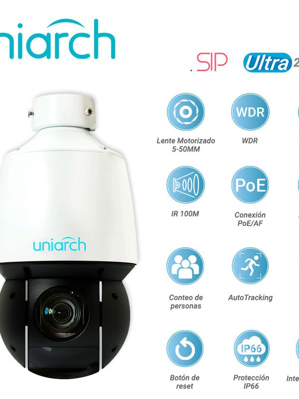 Camara Ip Ptz Uniarch Ipc-p413-x20k / 3mp / Ultra265/ Lente Motorizado 5-100 Mm / Wdr / Zoom 20x / Ir 100m / Poe At / 12vcd / Analiticas De Video Deteccion Facial / Sip / Conteo De Personas / Autotracking / Hasta 1024 Presets / Patrullaje/crucero / Ranura Para Micro Sd 256 Gb / Boton De Reset / Ip66 / Interior / Exterior