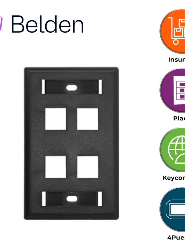 [EC020BEL04] Placa De Pared (faceplate) Belden Ax104163 / Keyconnect / Interior / Negro / 4 Puertos / Pieza