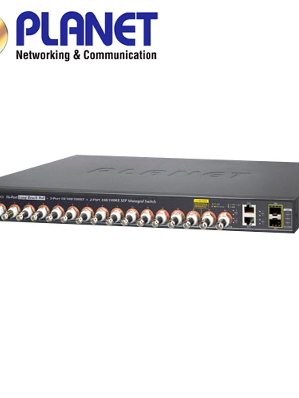 Switch Poc Administrable / Planet Lrp-1622cs / 2 Puertos Rj45 10/100 Mbps / 2 Fibra Optica Sfp 100/1000 Mbps / 16 Canales Bnc Hembra / 440w De Consumo / Recinto De Metal