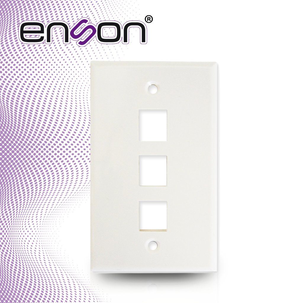 ENS-FP63 PLACA DE PARED (FACEPLATE) UNIVERSAL ENS-FP63 ENSON 3 PUERTOS ESTILO KEYCONNECT CAT6A CAT6 CAT5E CONECTORES DE FIBRA OPTICA Y COAXIALES COLOR BLANCO USO INTERIOR MATERIAL PLASTICO ABS
