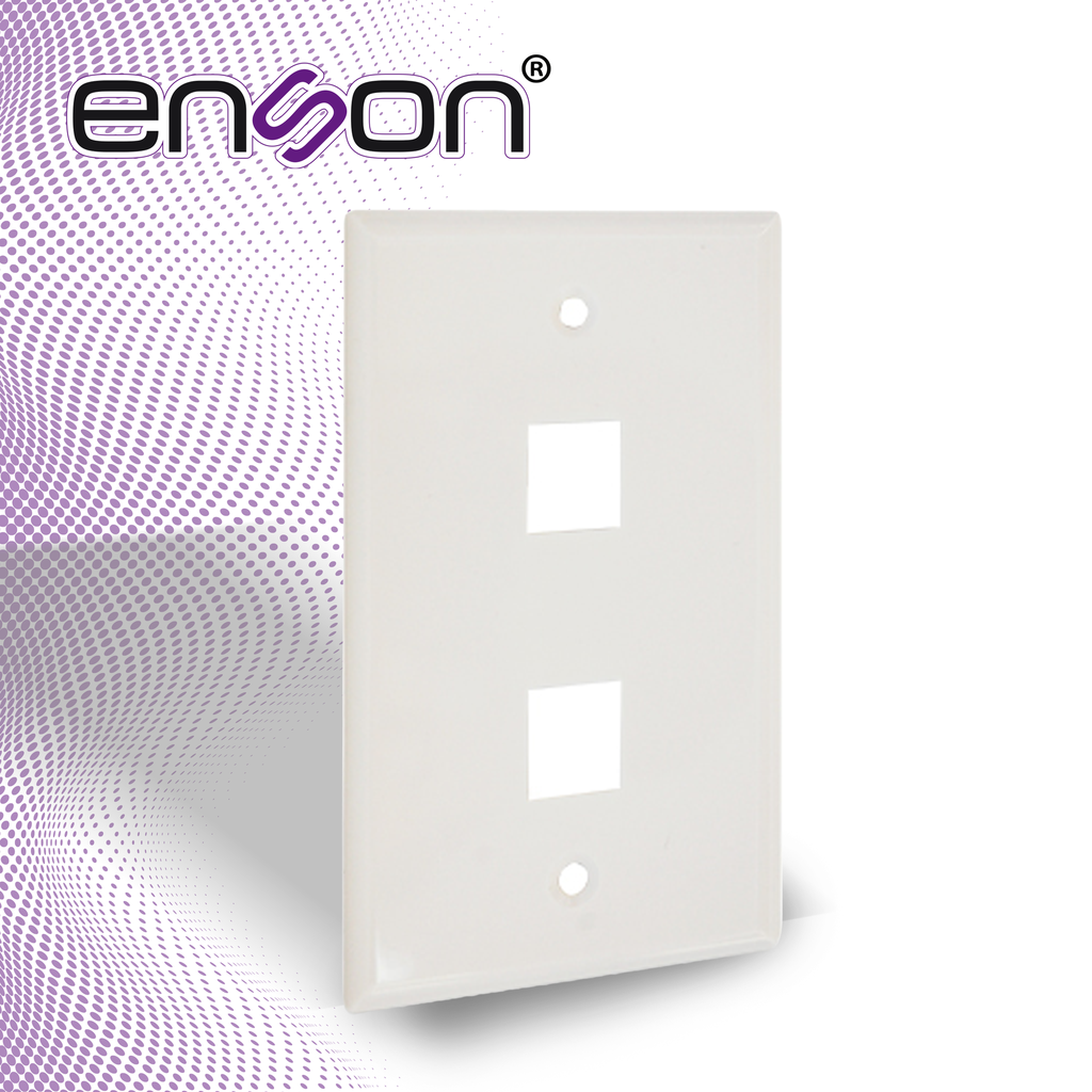 PLACA DE PARED (FACEPLATE) UNIVERSAL ENS-FP62 ENSON 2 PUERTOS ESTILO KEYCONNECT CAT6A CAT6 CAT5E CONECTORES DE FIBRA OPTICA Y COAXIALES COLOR BLANCO USO INTERIOR MATERIAL PLASTICO ABS