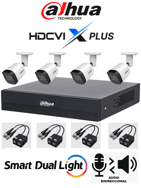 [DH-KIT/XVR1B04-I/T/4-B2A21N-U-0280B/BALUN] DAHUA DH-KIT/XVR1B04-I/T/4-B2A21N-U-0280B/Balun - Kit 4 Canales Cámaras B2A21N-U de 2 MP, DVR XVR1B04-I/T Soporta Audio Bidireccional, Lente 2.8mm, Visión de 93°. Soporta 4 Canales más 1 IP o 5 Canales IP, SMD Plus, Incl. Transceptores