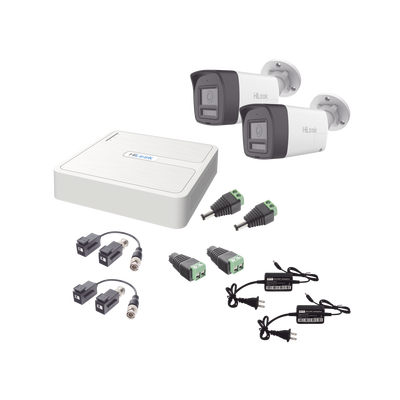 [HL-1080P-2B-TWA] Kit HiLook Audio Bidireccional TurboHD 1080p / DVR 4 Canales / 2 Cámaras Bala (Exterior) con Bocina y Microfóno Integrado / 2 Fuentes de Poder / Accesorios