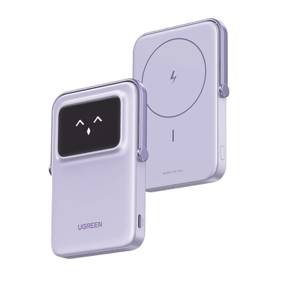 [45328] Power Bank Serie UNO Inalambrico | 10000mAh | 7.5W/20W | Con Emojis de Estado | Carga Rápida USB-C Bidireccional | Pantalla TFT Inteligente | Con Holder | Color Purple.